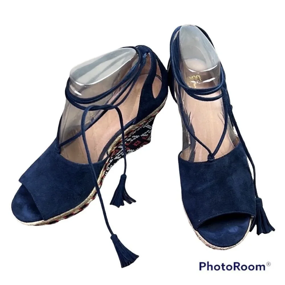 CABI Isla Wedge Navy Suede #6001 Sz 6 EUC